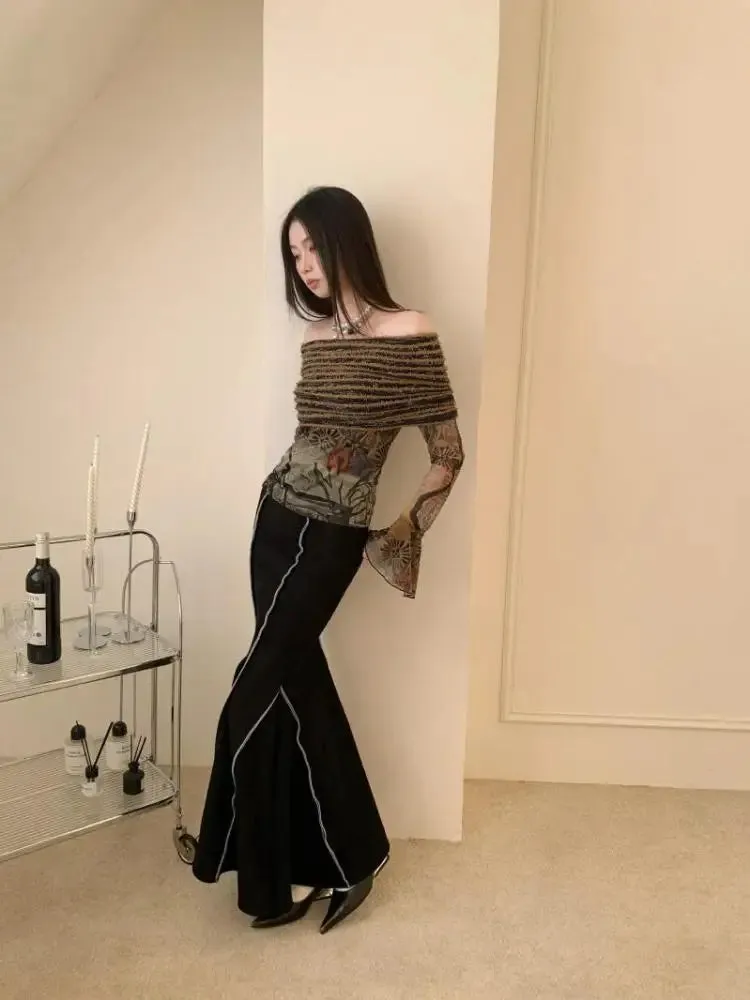 Aiertu Off Shoulder T Shirt Women Clothes Long Sleeve Indie Folk Flare Sleeve Mesh Tops Patchwork Knitted Tops Grunge Tees Y2k