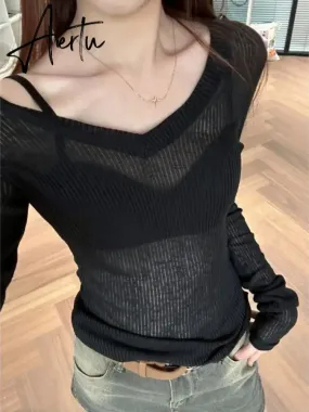 Aiertu See Through V Neck Grunge Women T-shirt Casual Vintage Slim Knitted Tshirts Long Sleeve Y2k Aesthetic Fashion Tshirts Japanese