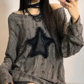 Aiertu Y2K Grunge Hole T-Shirt Star Print Ripped Streetwear Off Shoulder Tops Vintage Harajuku Oversized Kpop Long Sleeveloose Tees