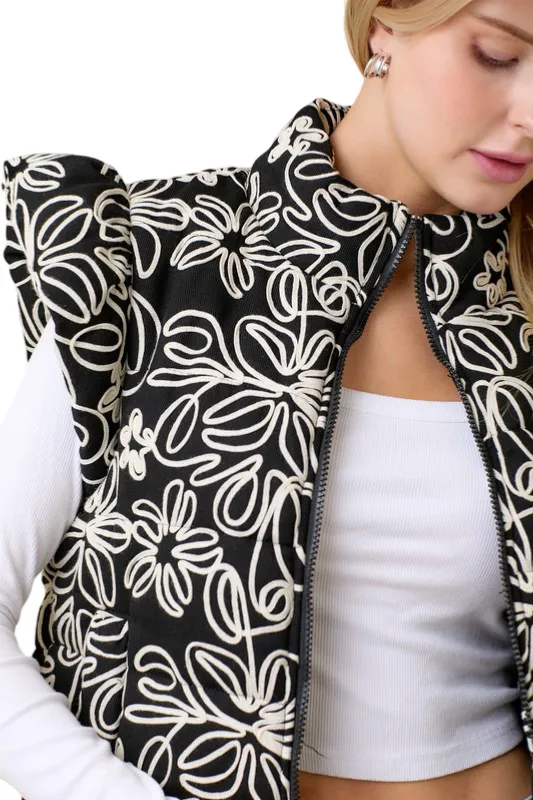 Apparel- Main Strip Floral Velvet Embroidered Denim Puffer Vest