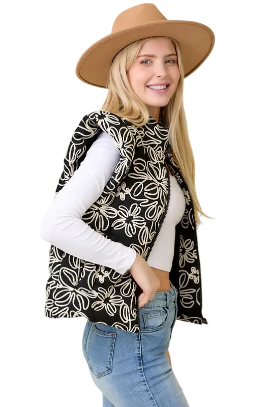 Apparel- Main Strip Floral Velvet Embroidered Denim Puffer Vest