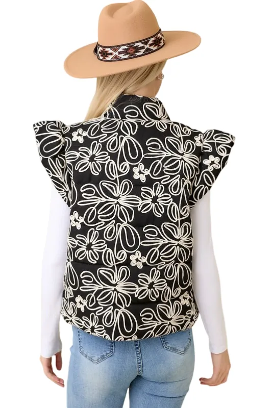 Apparel- Main Strip Floral Velvet Embroidered Denim Puffer Vest