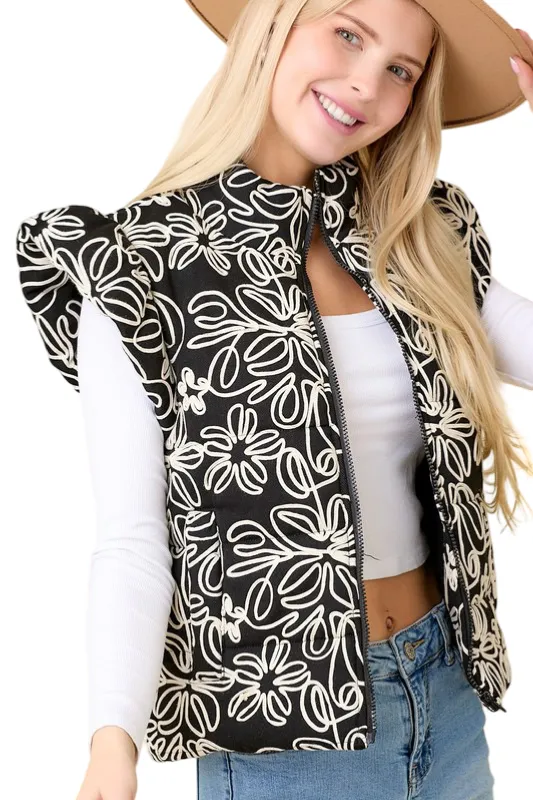 Apparel- Main Strip Floral Velvet Embroidered Denim Puffer Vest