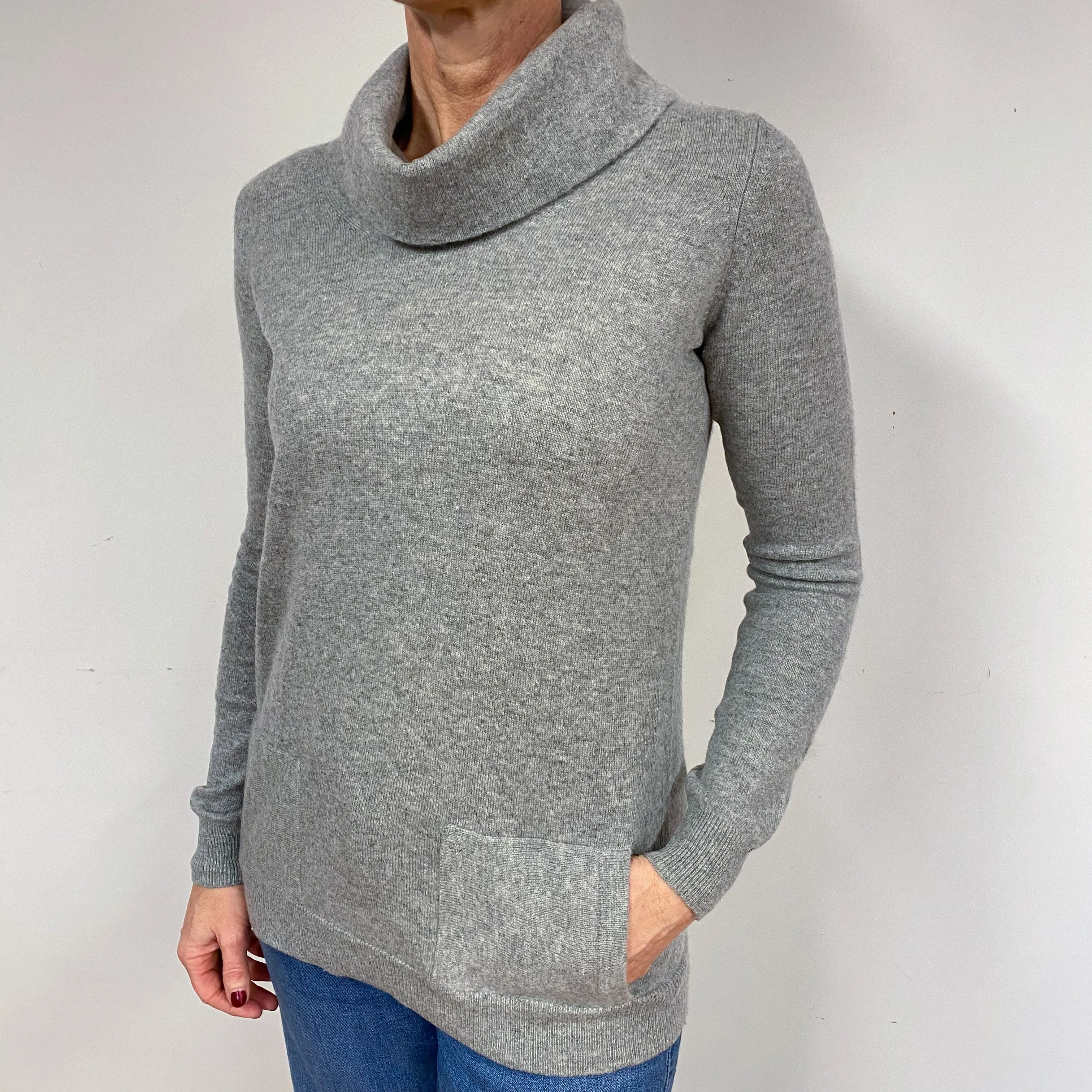 Ash Grey Cashmere Polo Neck Jumper with Pockets Medium