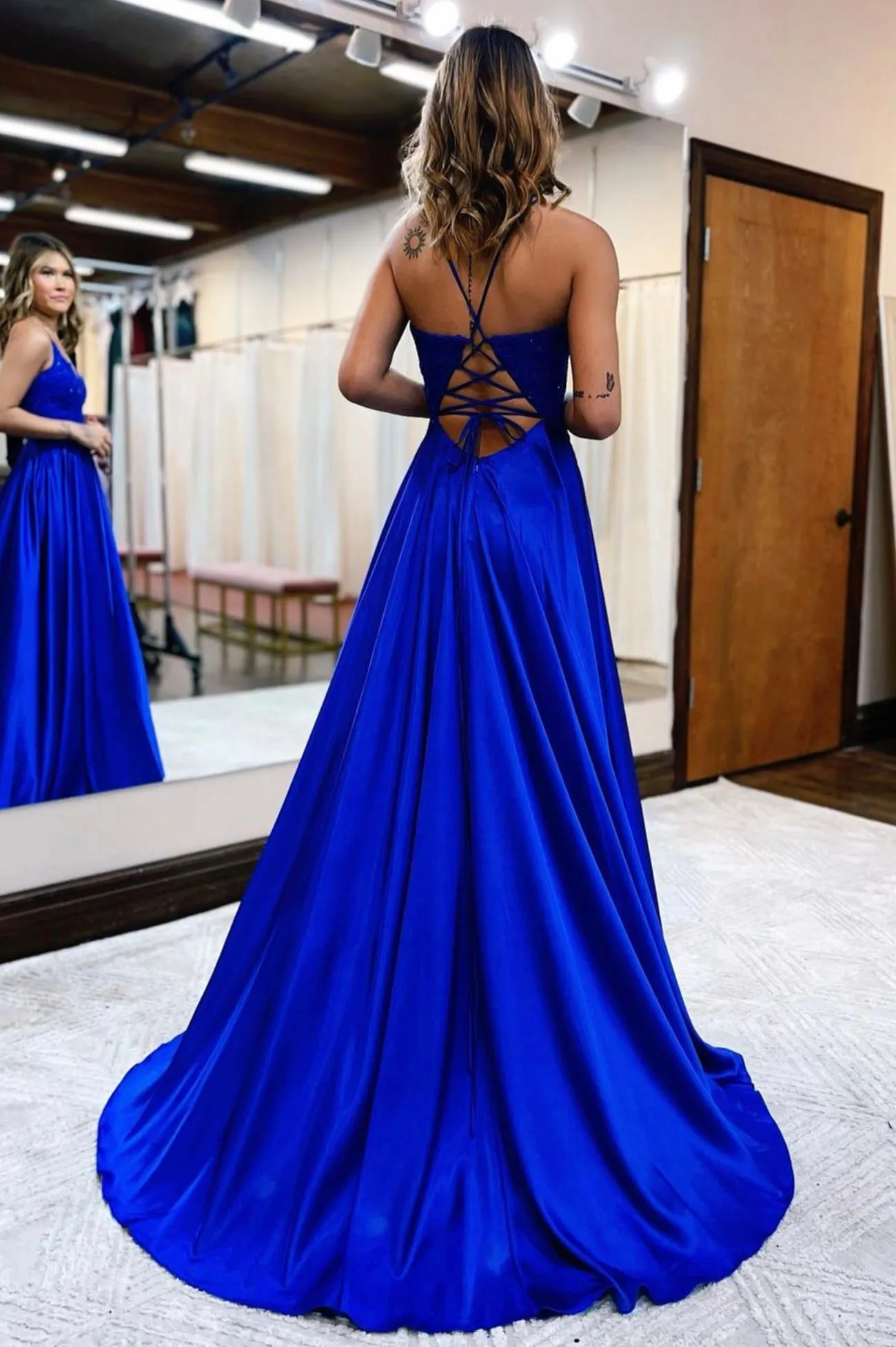Beautiful Spaghetti Strap Lace Long Prom Dress, A-Line V-Neck Satin Evening Dress with Slit