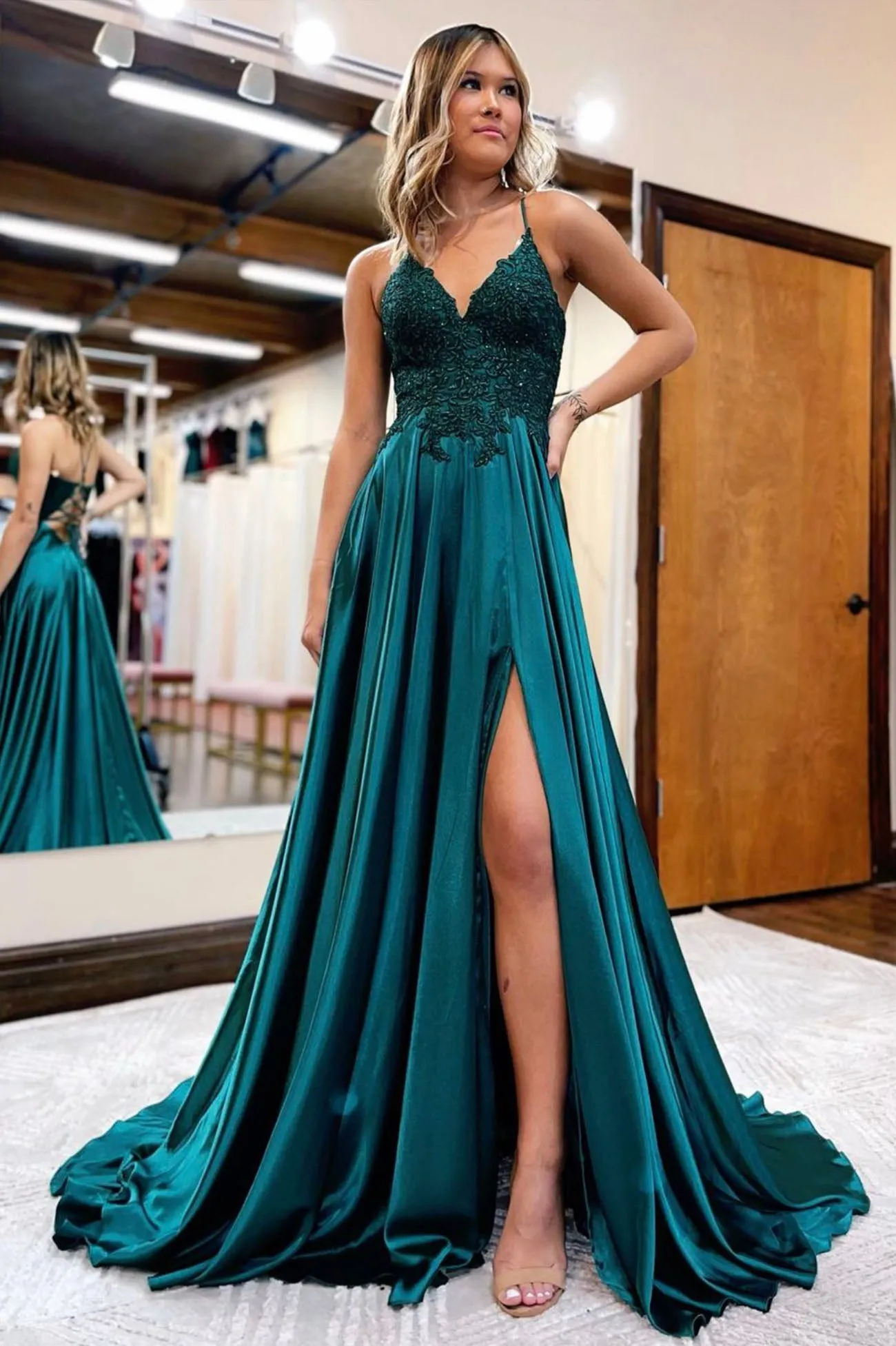 Beautiful Spaghetti Strap Lace Long Prom Dress, A-Line V-Neck Satin Evening Dress with Slit