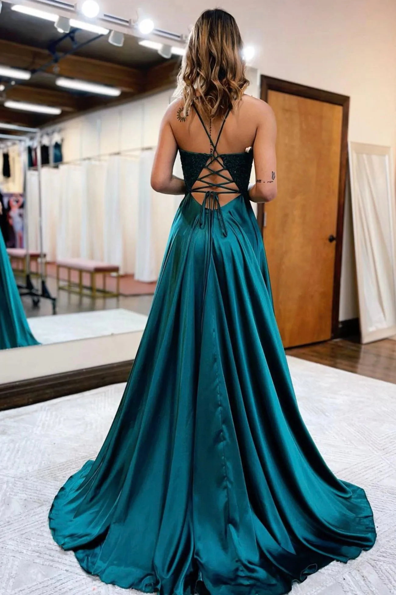 Beautiful Spaghetti Strap Lace Long Prom Dress, A-Line V-Neck Satin Evening Dress with Slit