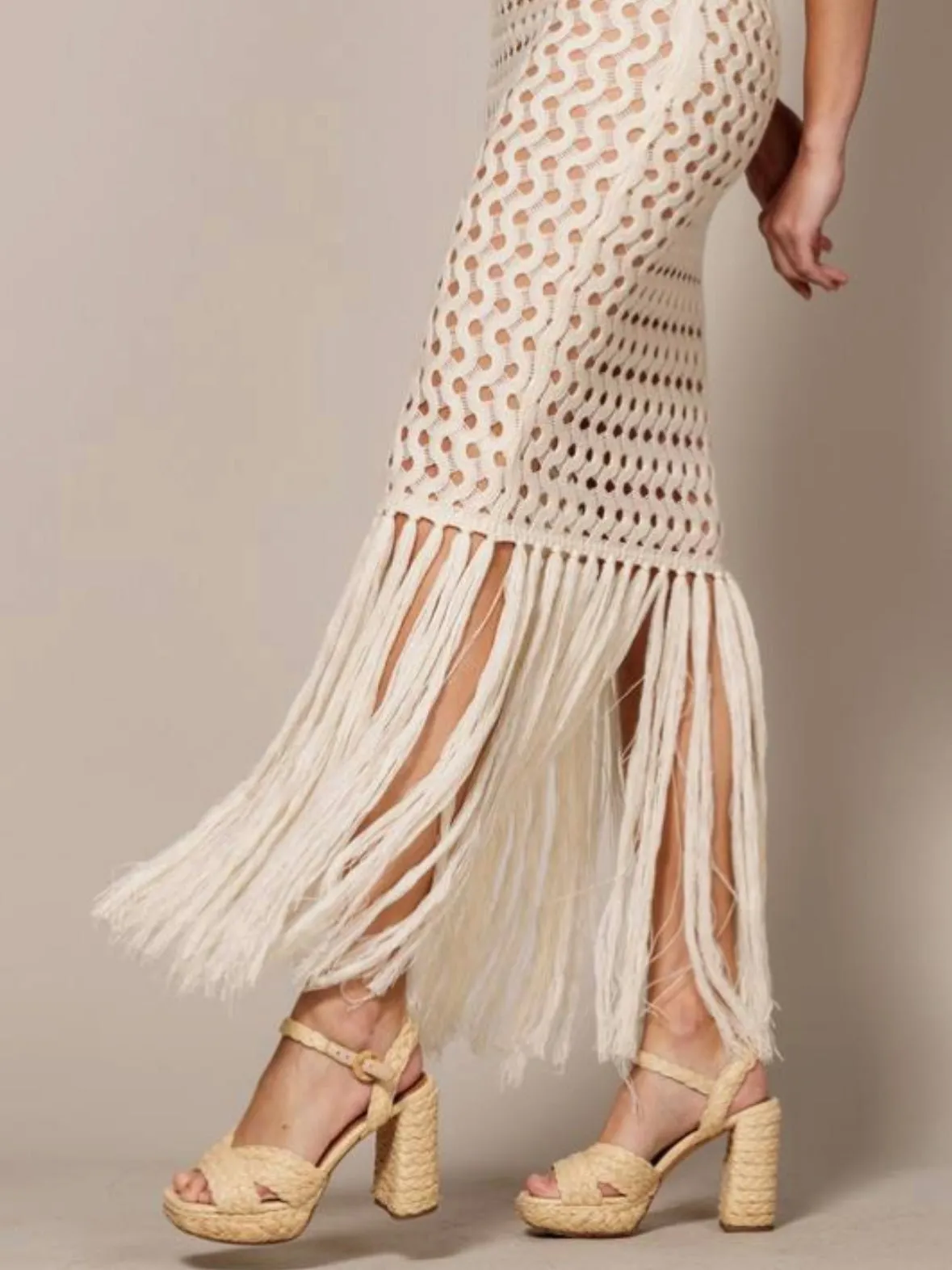 Beige crochet spaghetti fringes tassels tube maxi dress