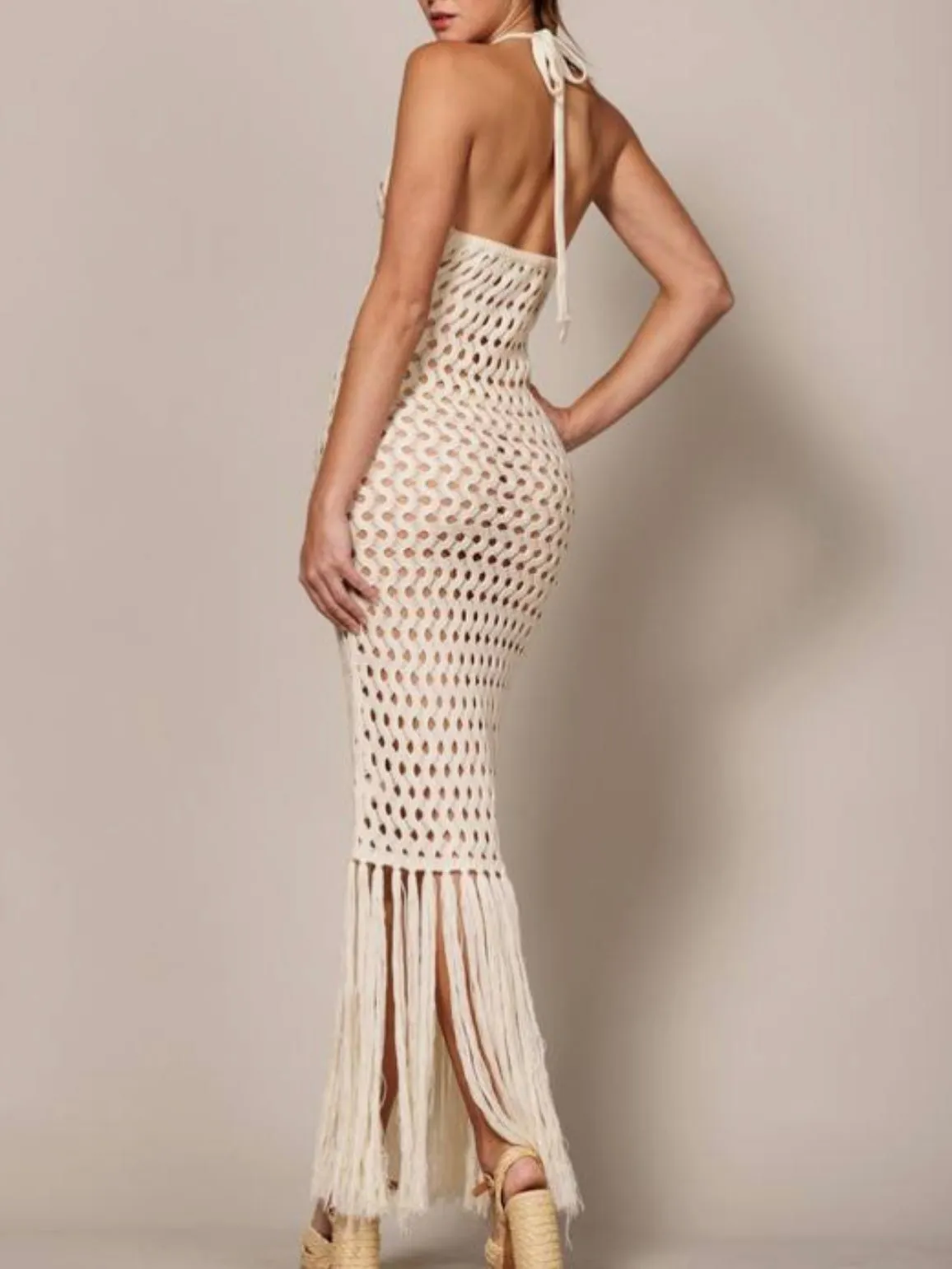 Beige crochet spaghetti fringes tassels tube maxi dress