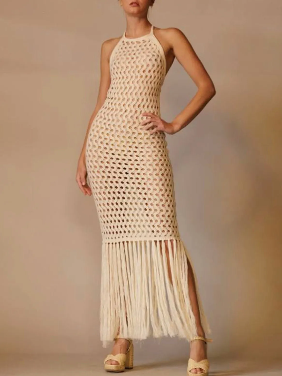Beige crochet spaghetti fringes tassels tube maxi dress