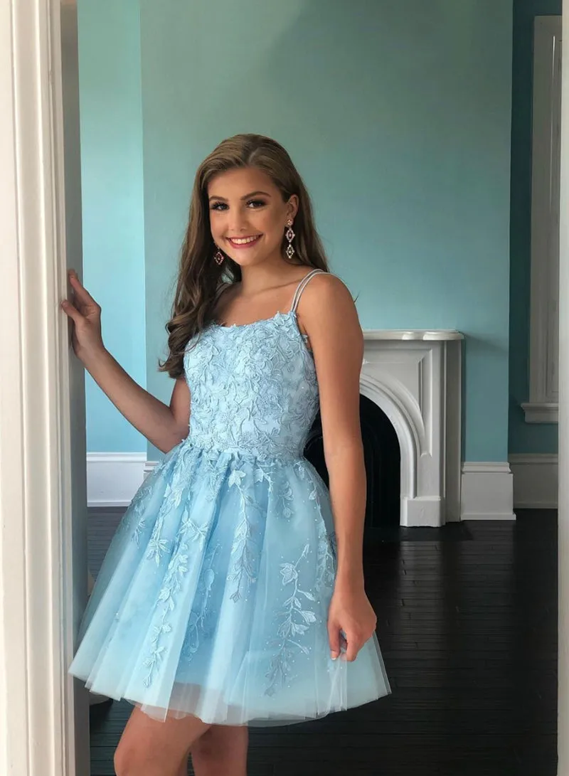 Blue Tulle Lace Short Prom Dress, A-Line Backless Homecoming Dress