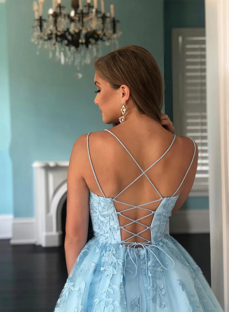 Blue Tulle Lace Short Prom Dress, A-Line Backless Homecoming Dress