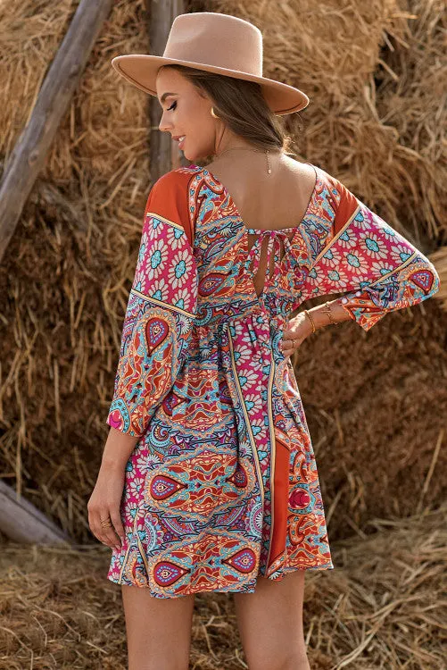 Boho Vintage Deep V Neck Dress