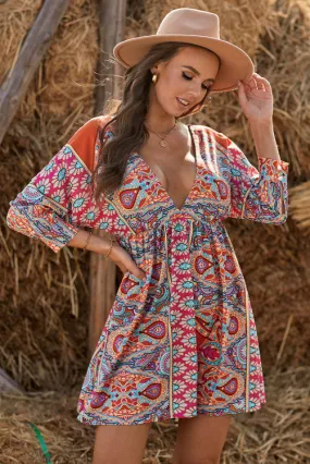 Boho Vintage Deep V Neck Dress