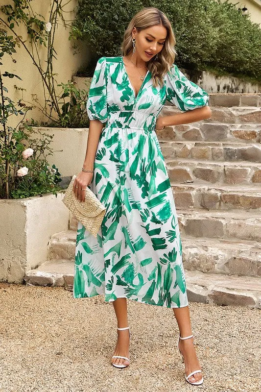 Bold Prints Puffy Sleeves Midi Dress