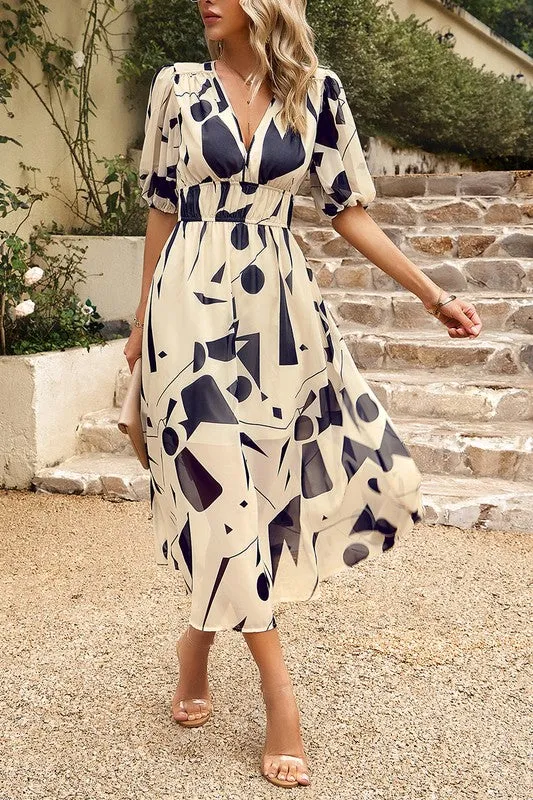 Bold Prints Puffy Sleeves Midi Dress
