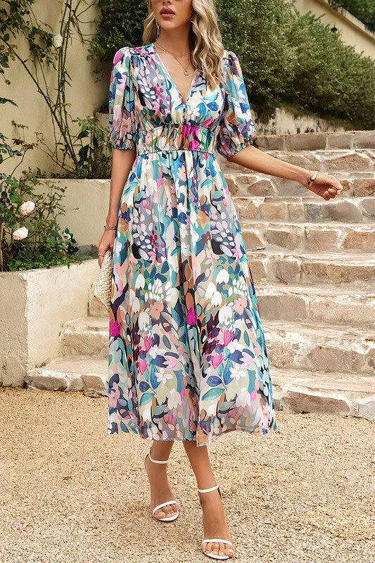 Bold Prints Puffy Sleeves Midi Dress