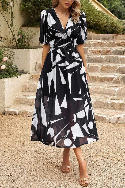 Bold Prints Puffy Sleeves Midi Dress