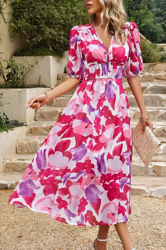 Bold Prints Puffy Sleeves Midi Dress