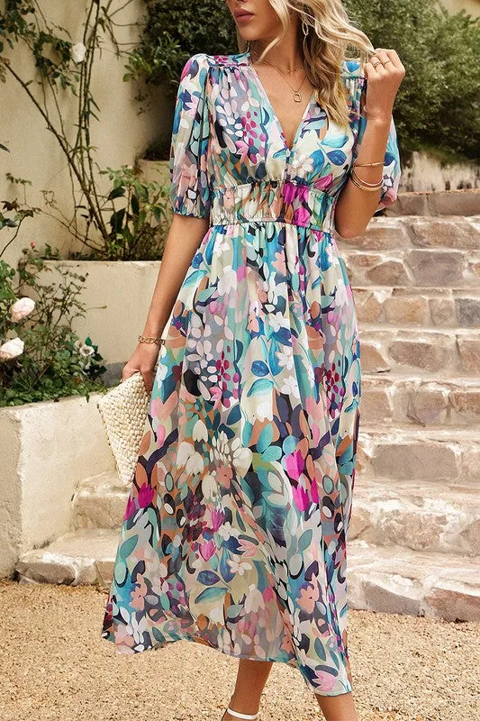 Bold Prints Puffy Sleeves Midi Dress