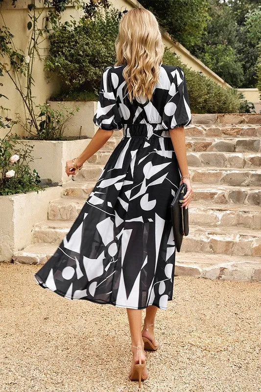 Bold Prints Puffy Sleeves Midi Dress