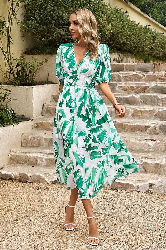 Bold Prints Puffy Sleeves Midi Dress