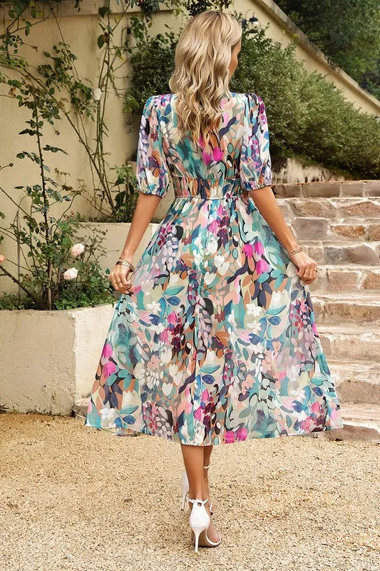 Bold Prints Puffy Sleeves Midi Dress