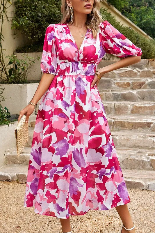 Bold Prints Puffy Sleeves Midi Dress