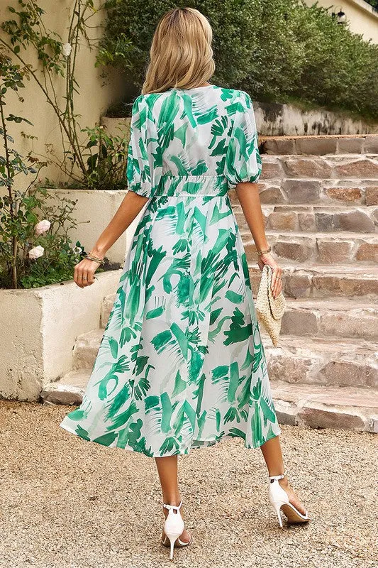 Bold Prints Puffy Sleeves Midi Dress