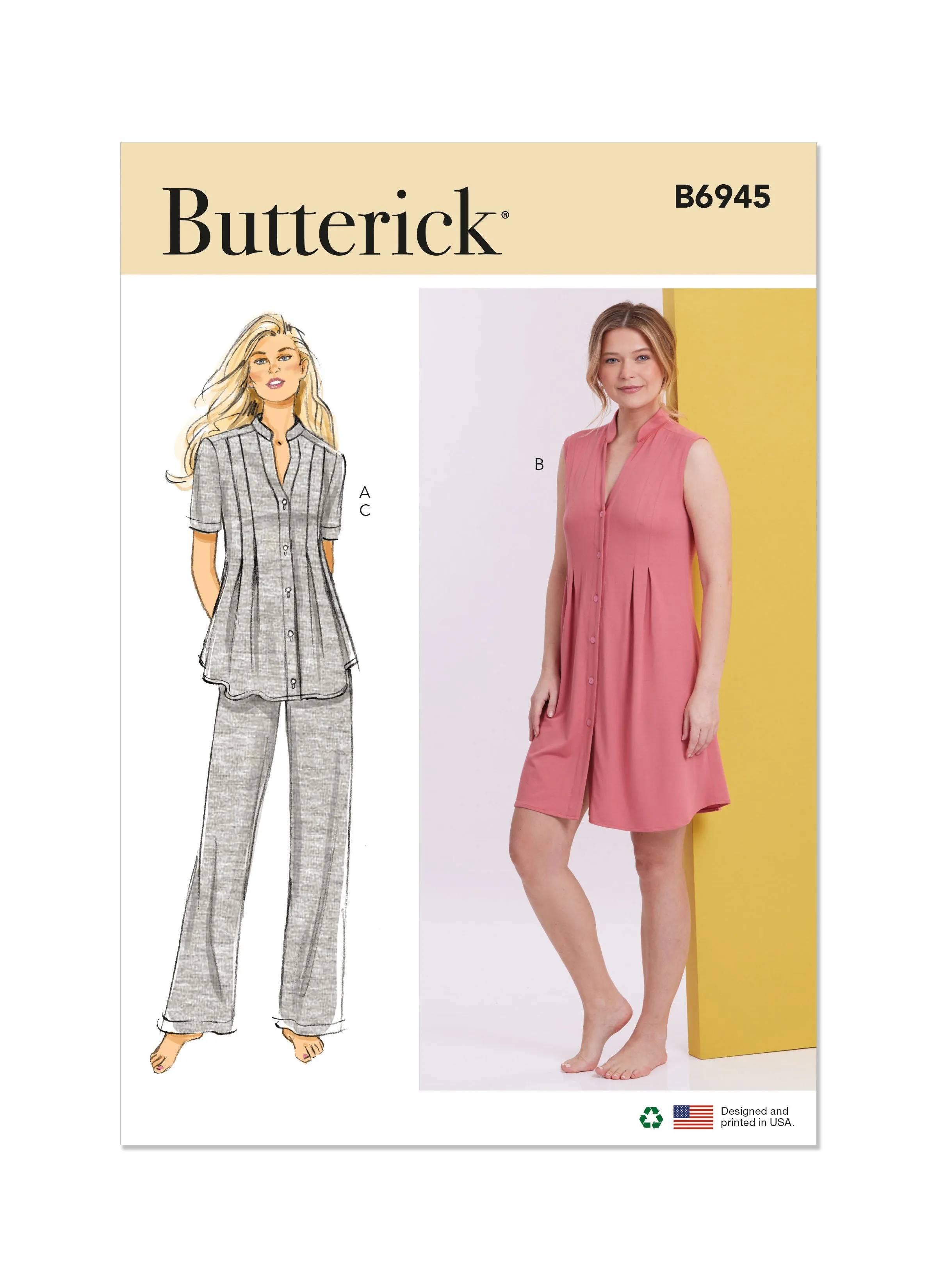 Butterick sewing pattern 6945 Knit Lounge Top, Dress and Pants