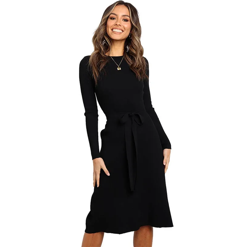 Casual Long Sleeve Belt Plain Sweater Dress