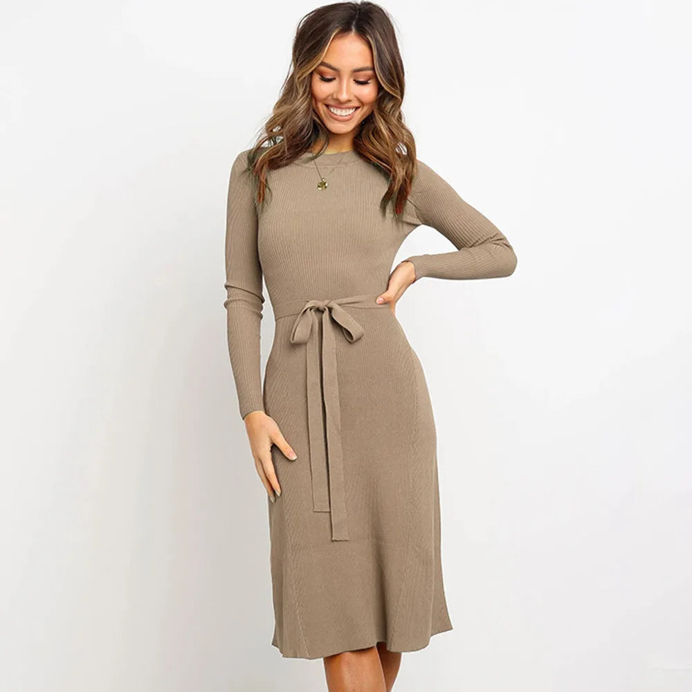 Casual Long Sleeve Belt Plain Sweater Dress