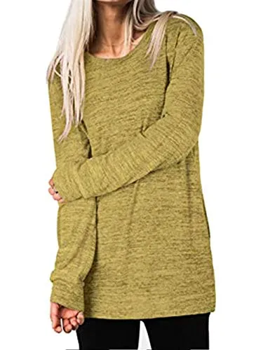 Casual Plain Crewneck Split Side Cotton Long Sleeve Tops Tee Shirts with Pockets S-XXL