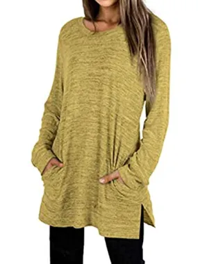 Casual Plain Crewneck Split Side Cotton Long Sleeve Tops Tee Shirts with Pockets S-XXL