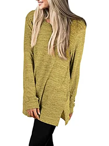 Casual Plain Crewneck Split Side Cotton Long Sleeve Tops Tee Shirts with Pockets S-XXL