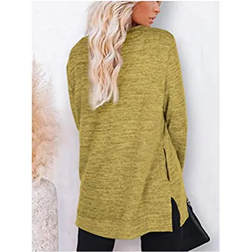 Casual Plain Crewneck Split Side Cotton Long Sleeve Tops Tee Shirts with Pockets S-XXL