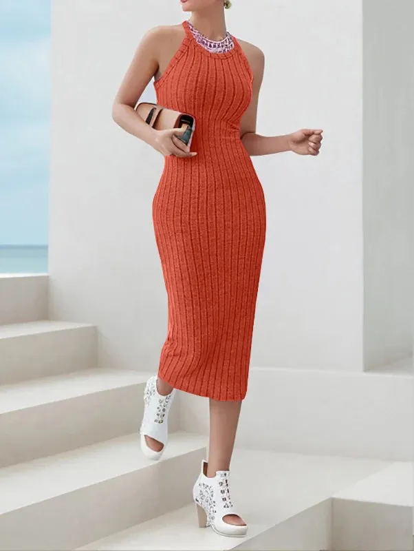 Chelsea Ribbed Halter Knit Sweater Midi Dress