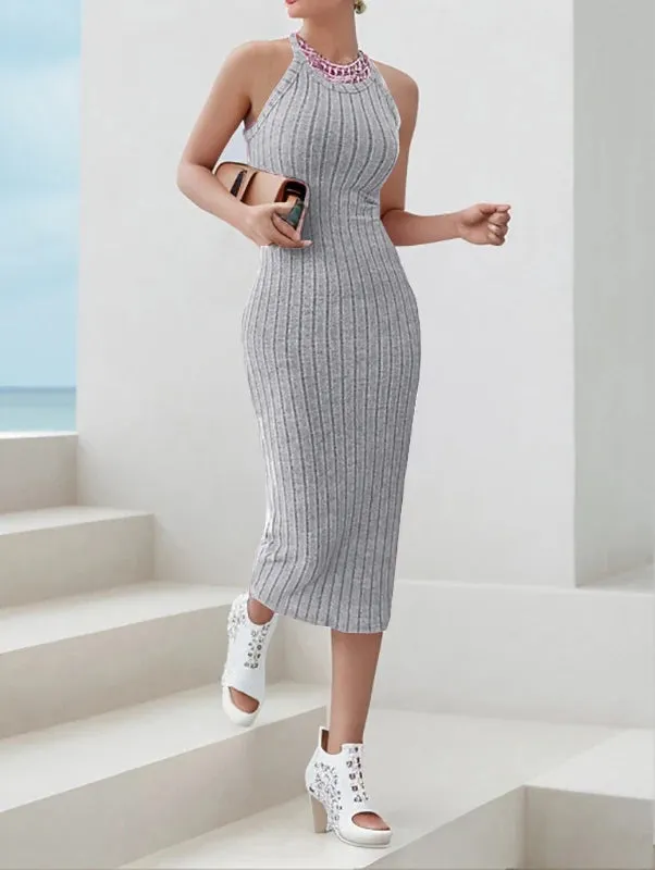 Chelsea Ribbed Halter Knit Sweater Midi Dress