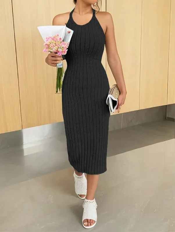 Chelsea Ribbed Halter Knit Sweater Midi Dress