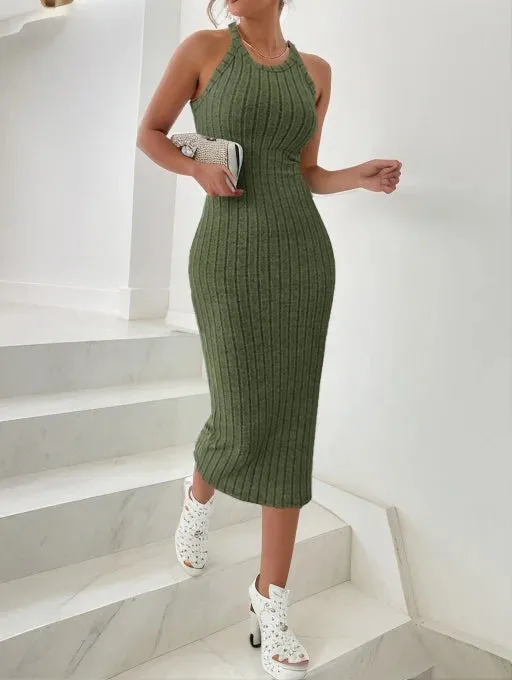 Chelsea Ribbed Halter Knit Sweater Midi Dress