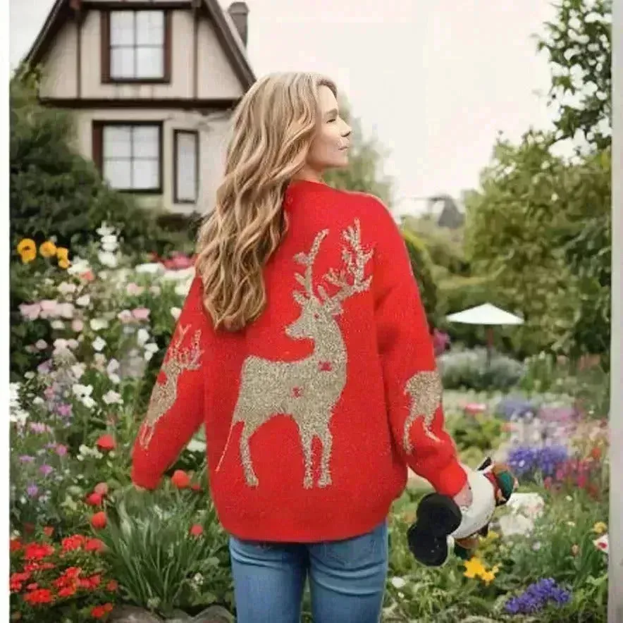 Christmas Deer Snowflakes Knit Sweater Pullover Round Neck Christmas Elk