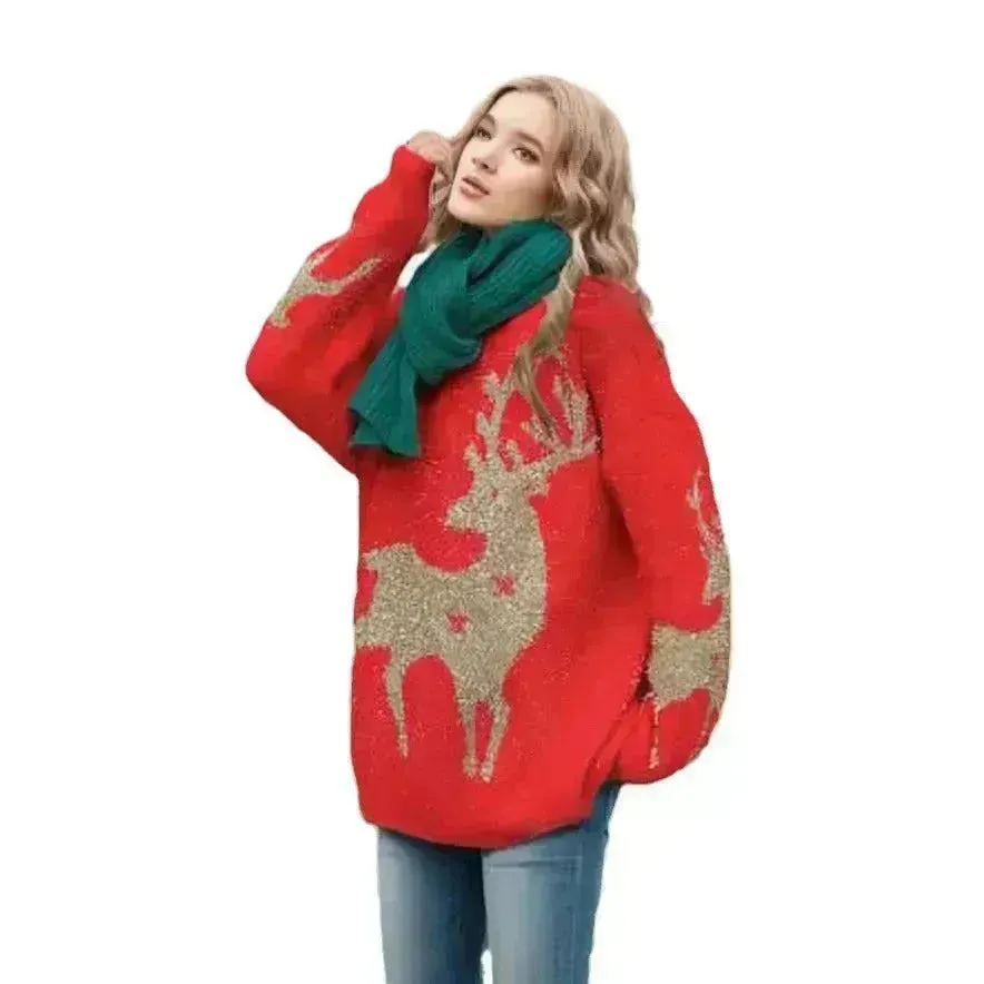 Christmas Deer Snowflakes Knit Sweater Pullover Round Neck Christmas Elk