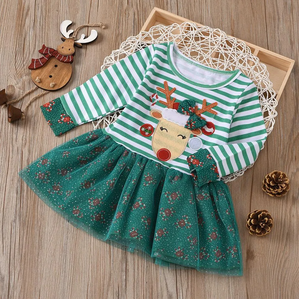 Christmas Girls Striped Long Sleeve Snowflake Dress Wholesale Girls Dress