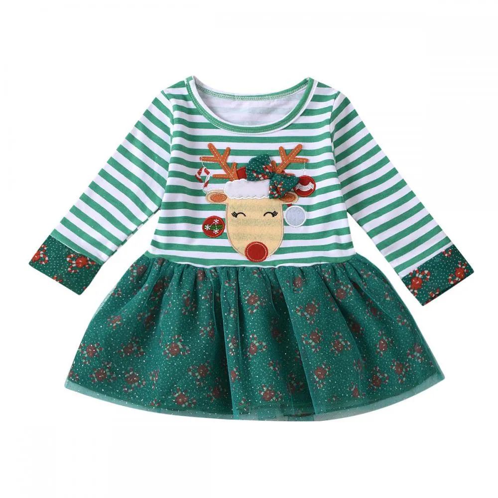 Christmas Girls Striped Long Sleeve Snowflake Dress Wholesale Girls Dress