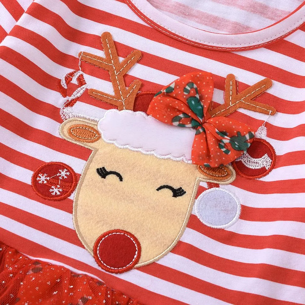 Christmas Girls Striped Long Sleeve Snowflake Dress Wholesale Girls Dress