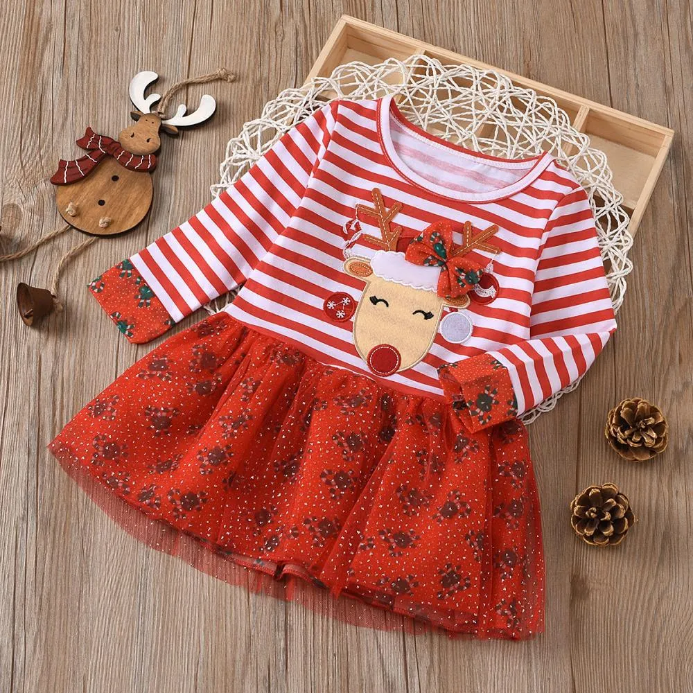 Christmas Girls Striped Long Sleeve Snowflake Dress Wholesale Girls Dress