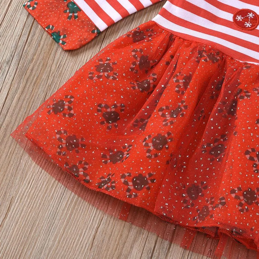 Christmas Girls Striped Long Sleeve Snowflake Dress Wholesale Girls Dress