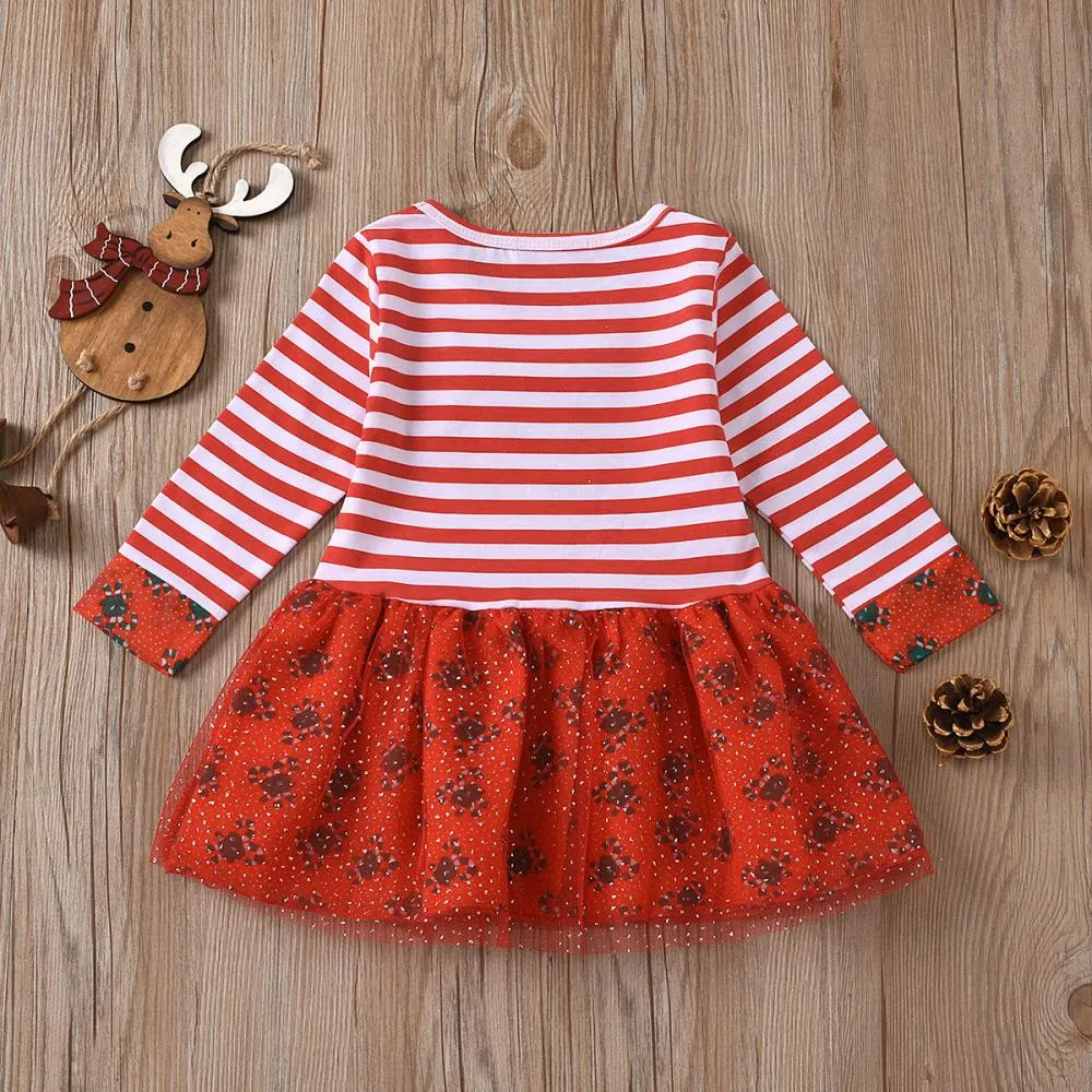 Christmas Girls Striped Long Sleeve Snowflake Dress Wholesale Girls Dress