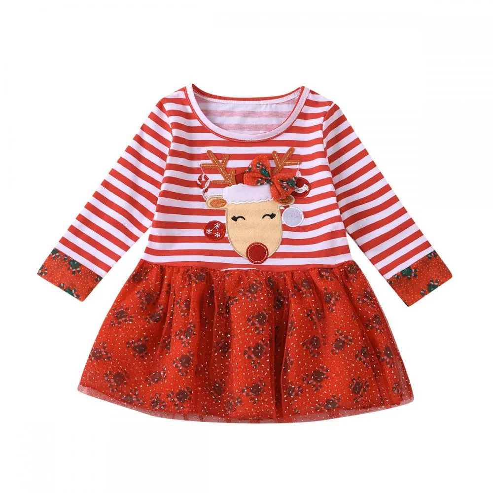 Christmas Girls Striped Long Sleeve Snowflake Dress Wholesale Girls Dress
