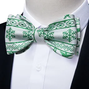 Christmas Green Snowflake Whtie Solid Silk Bowtie Pocket Square Cufflinks Set
